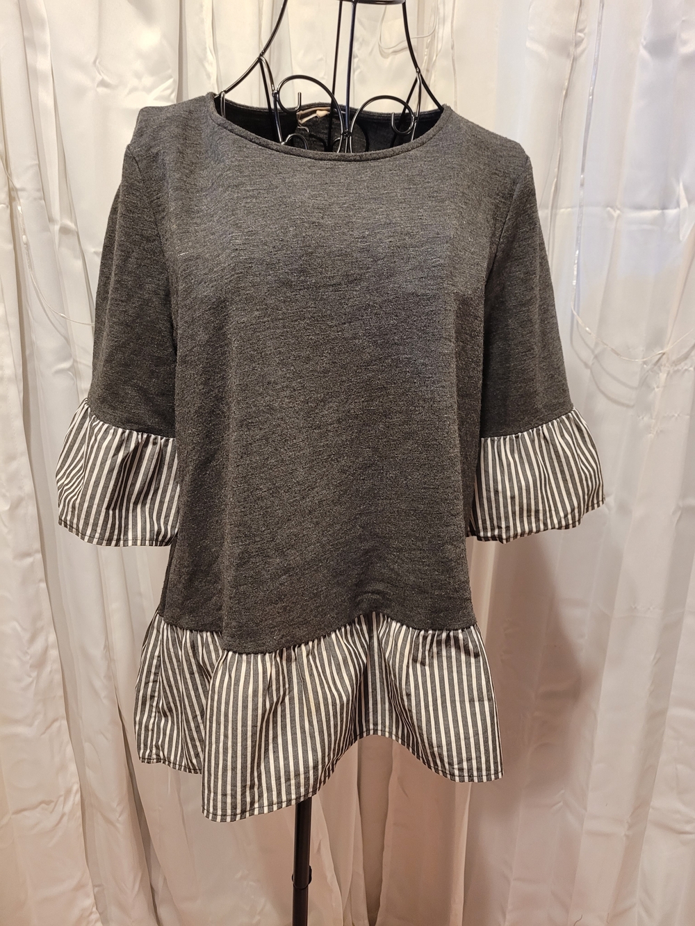 Pleione Gray Ruffle Hem Top with Striped Trim